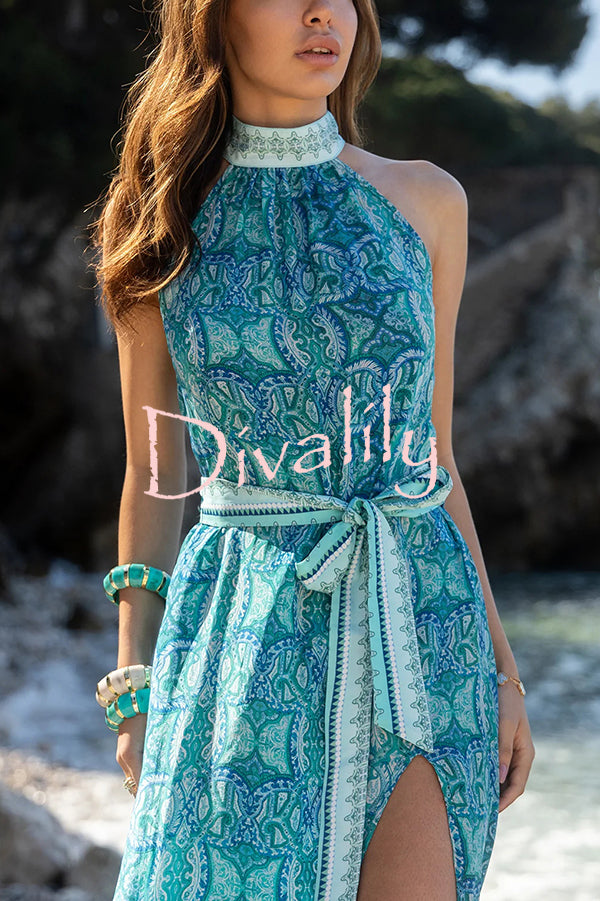 Unique Print Sexy Off-the-shoulder Waist Tie Slit Holiday Midi Dresses