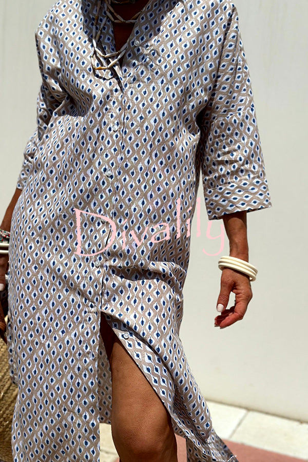 Summer Splendor Printed Button Half Sleeve Belt Loose Shirt Midi Dress