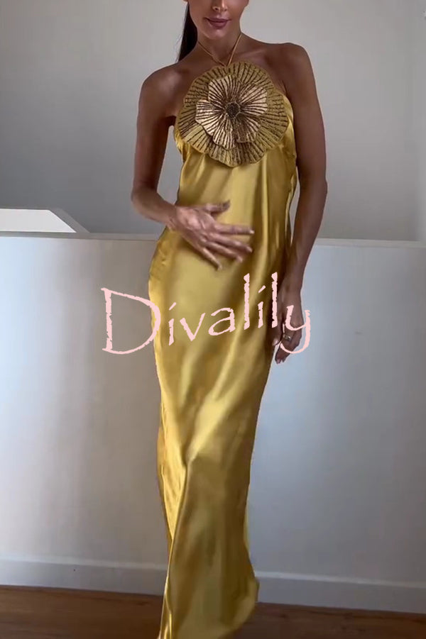 Fashionable Beaded Large Flower Decoration Halter Neck Backless Maxi Dress