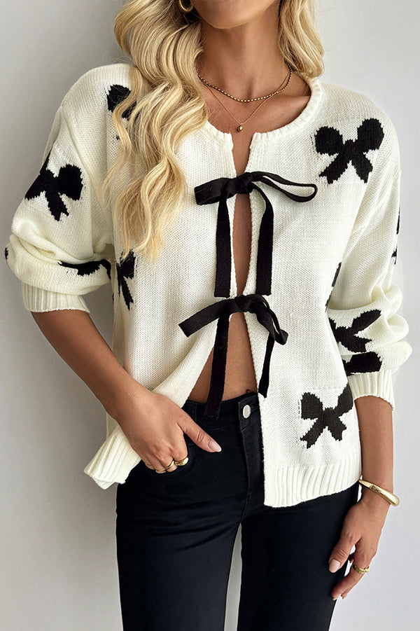 Fashionable Contrasting Bow Casual Lace-up Knitted Cardigan
