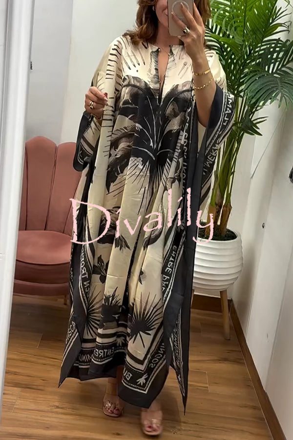 Flora Flamingo Print V-neck Loose Holiday Maxi Dress