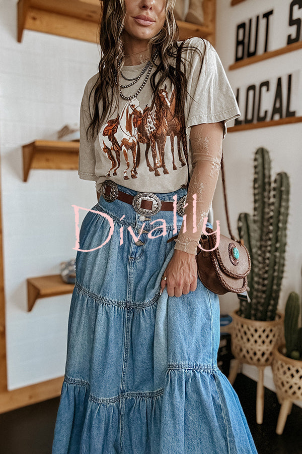 Bohemian High Rise Button Up Loose Denim Pocket Maxi Skirt