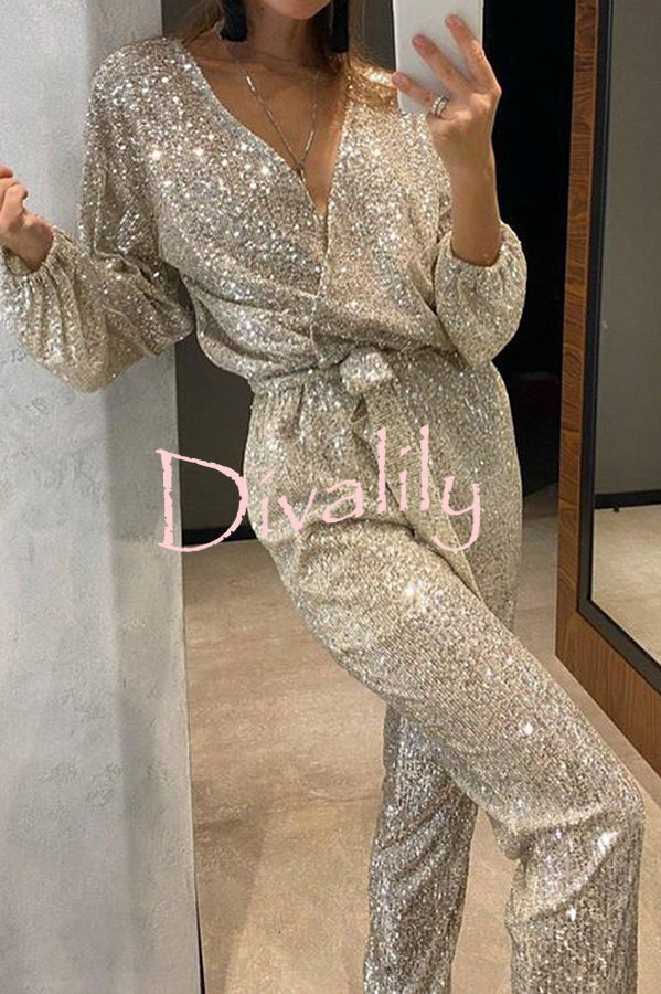 Cheers To You Sequin Long Sleeve Belted Wrap Loose Jumpsuit