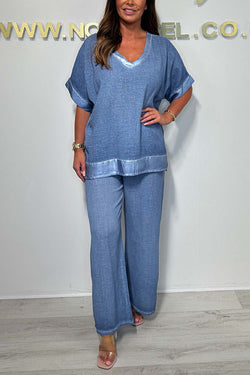 Fashionable V-neck Short-sleeved Loose Top and Elastic Waist Casual Wide-leg Pants Set