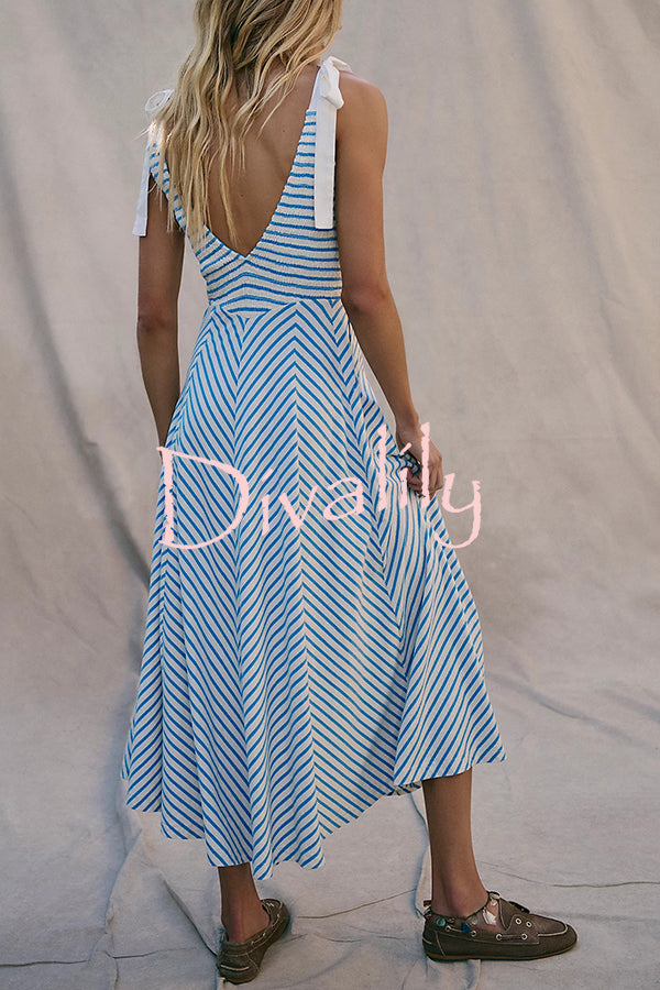 Striped Print V-Neck Lace-Up Backless Holiday Midi Dress