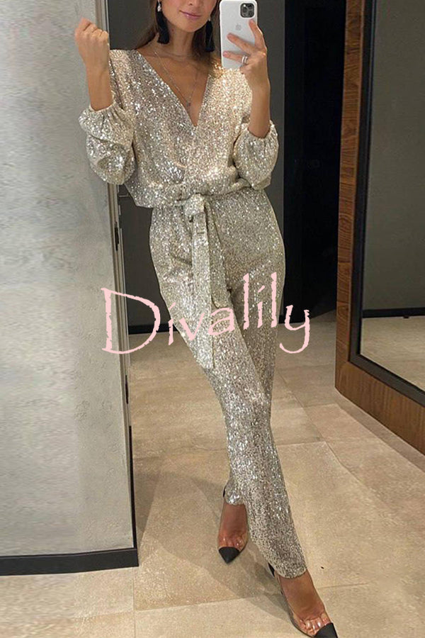 Cheers To You Sequin Long Sleeve Belted Wrap Loose Jumpsuit