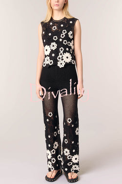 Fashion Embroidered Hollow Hook Elastic Waist Casual Wide-leg Pants