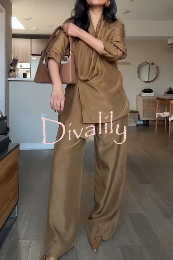 Bella Satin Drape Collar Single Button Casual Blazer and Elastic Waist Pocket Loose Pants Set