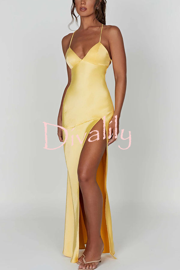 Satin Solid Color Sexy Backless Lace Up High Slit Maxi Dress