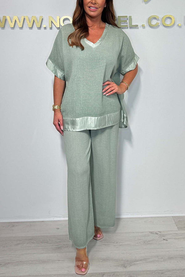 Fashionable V-neck Short-sleeved Loose Top and Elastic Waist Casual Wide-leg Pants Set