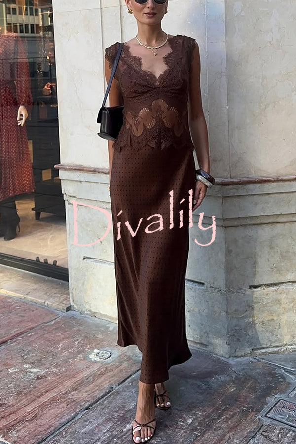 Wonderful Fusion Satin Lace Trim Poka Dot V-neck Drape Maxi Dress