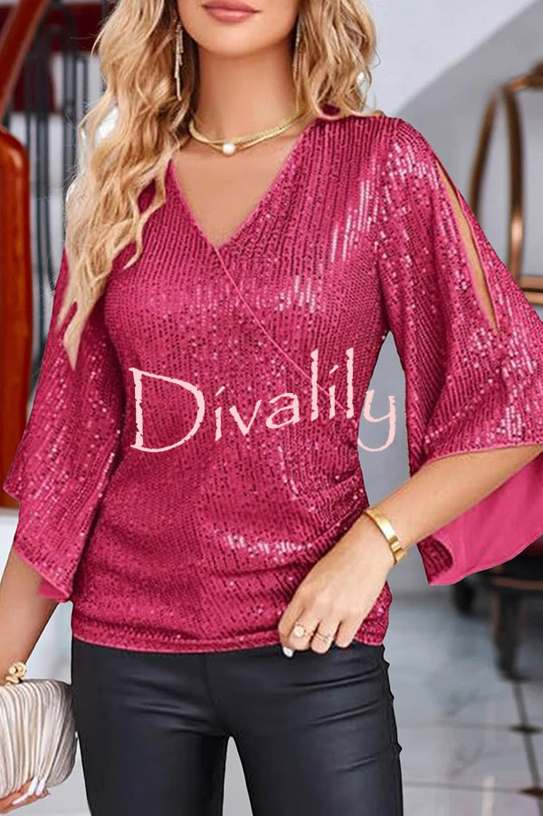 Solid Color Sequined V-neck Hollow Sleeve Slim Fit Top