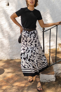 Resort Style Botanical Print Elastic Waist Loose Stitching Midi Skirt