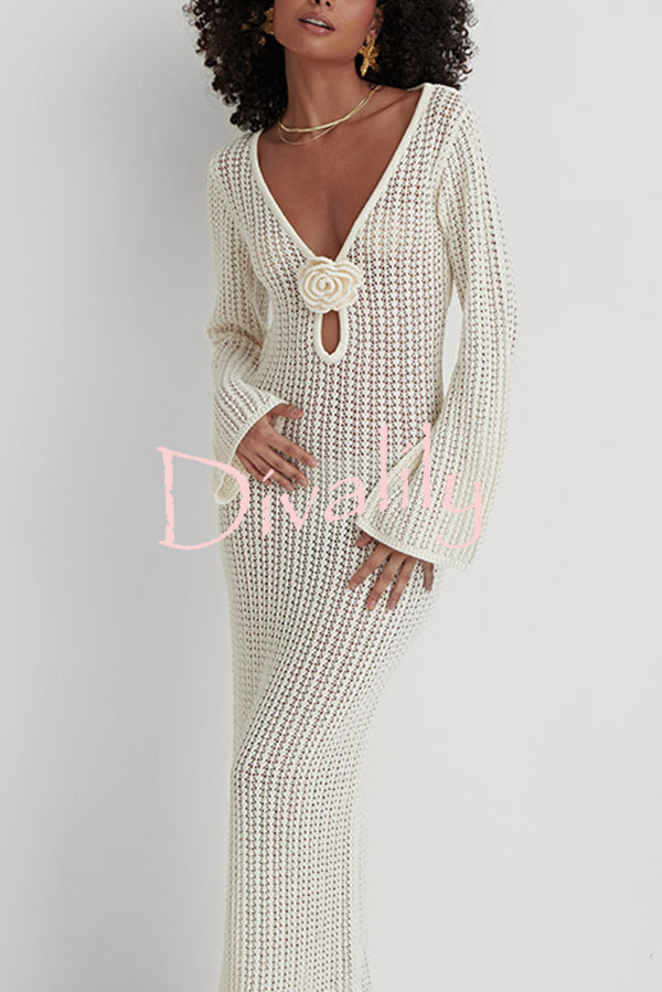 Bahamas Knit Long Bell Sleeve Sexy Backless Holiday Cover-up Maxi Dress