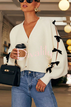 Fashionable V-neck Long-sleeved Bow-knotted Knitted Cardigan