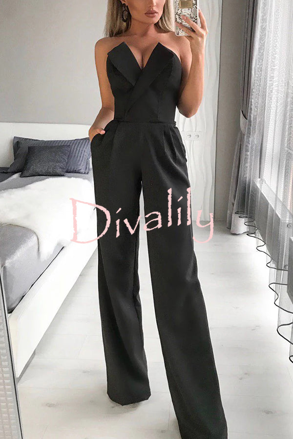 Tuxedo-style Off Shoulder Pocket Wide Leg Formal Jumpsuit