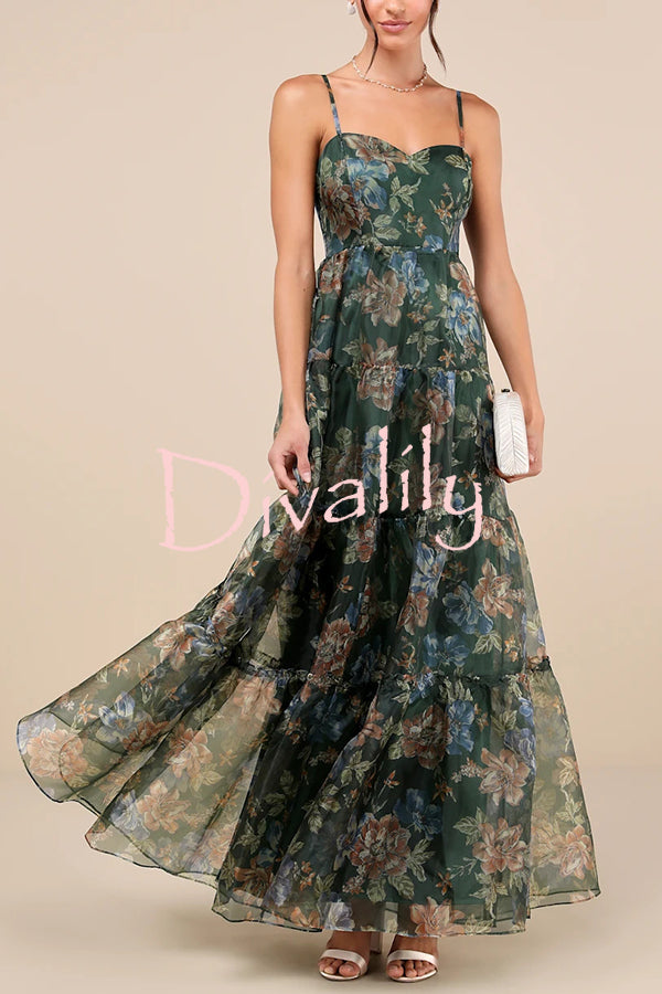 Exclusive Glamour Organza Floral Print Tiered Slip Maxi Dress