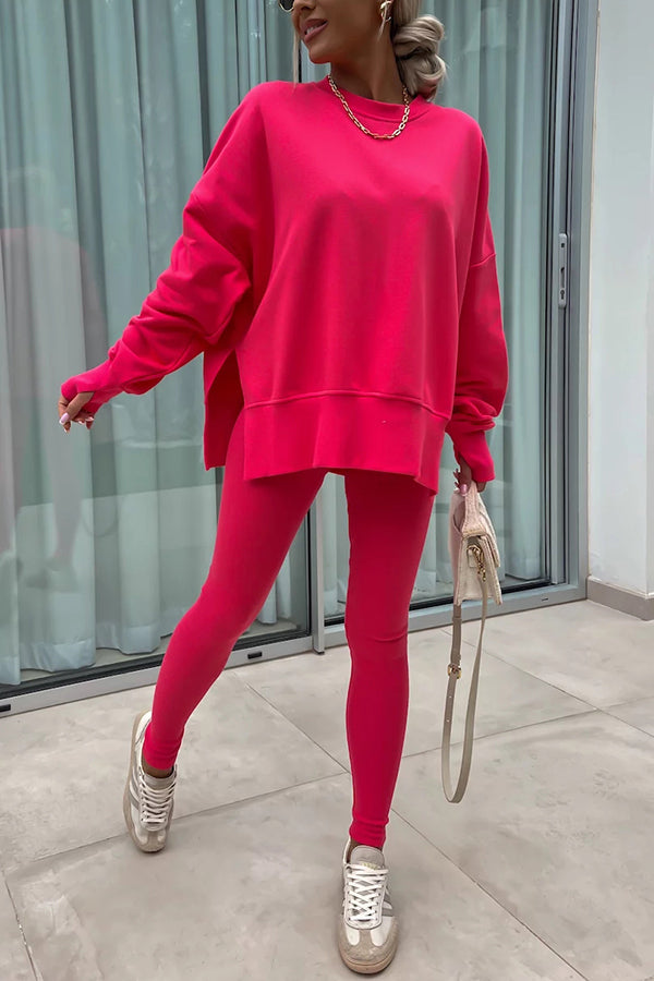 Solid Color Loose Long Sleeve SlitSweatshirt and Elastic Waist Tight Pants Set