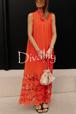 Breezy Comfort Tie-up Neck Sleeveless Floral Lace Hem Maxi Dress