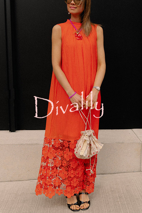Breezy Comfort Tie-up Neck Sleeveless Floral Lace Hem Maxi Dress