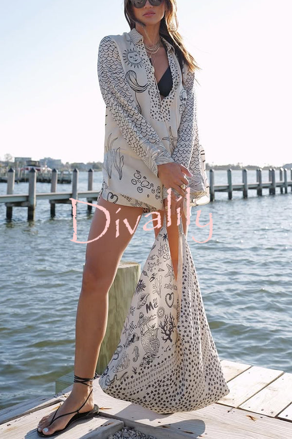 Live By Water Satin Unique Print Tassle Shirt and Elastic Waist Shorts Set