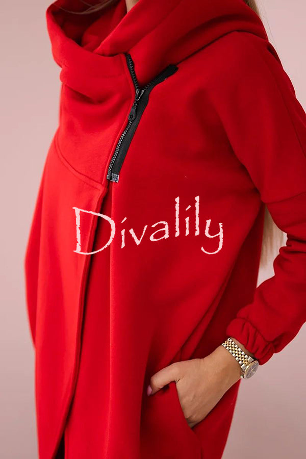 Solid Color Loose Hooded Zip-up Casual Sports Jacket
