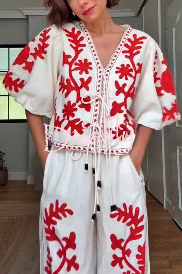 Till Sunset Linen Blend Unique Print Lace-up Puff Sleeve Shirt