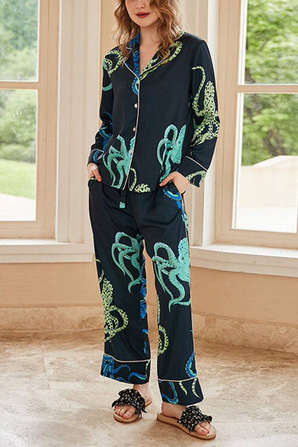 Black Octopus Print Home Long-sleeved Two-piece Set