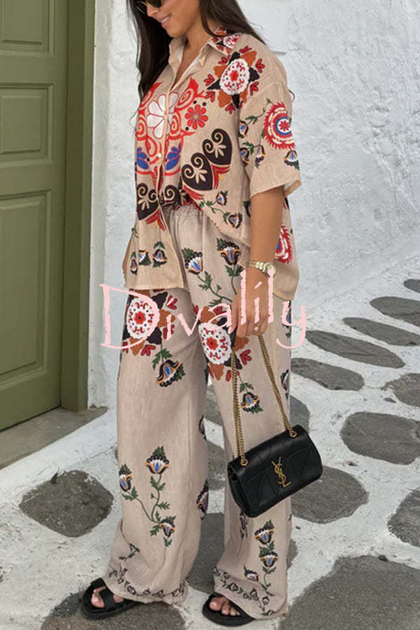 Fiji Ethnic Unique Printed Casual Shirt and Elastic Waist Wide Leg Pants Set