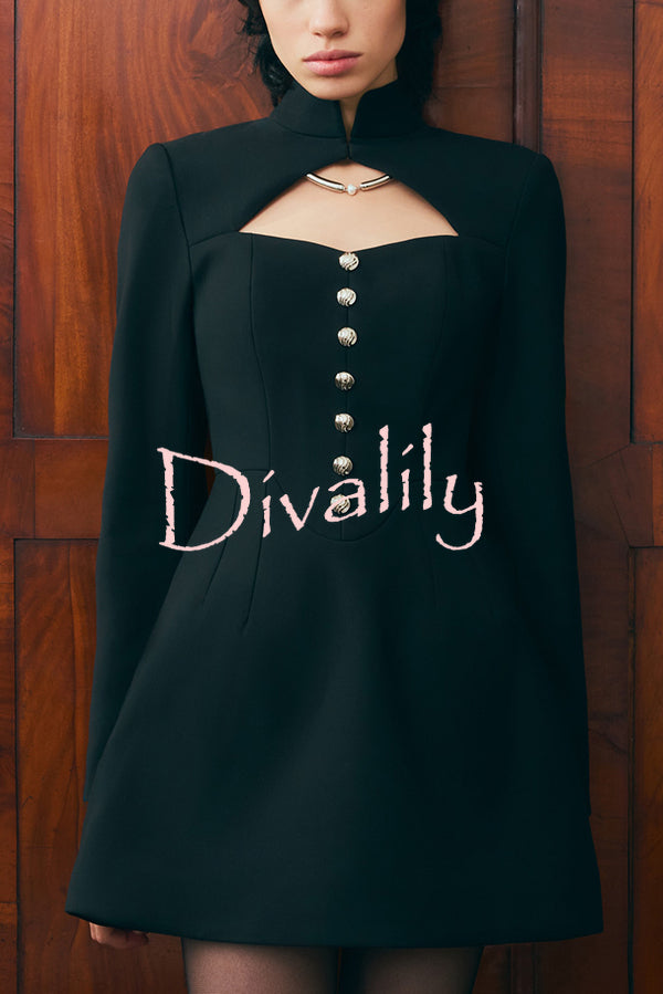 Elegant Long-sleeved Hollowed-out Button-down Slim-fit Mini Dress