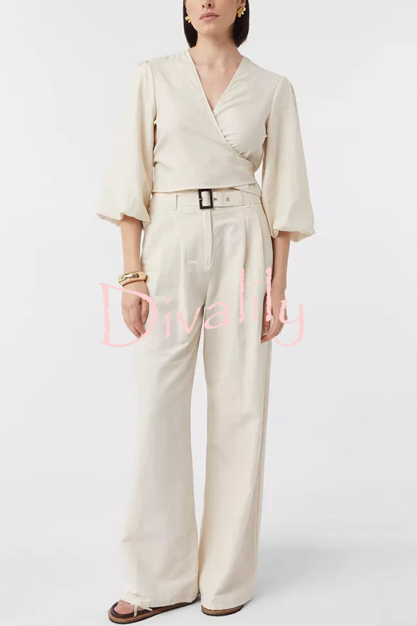 Lets Go Out Linen Blend Balloon Sleeve Wrap Tie-up Loose Top