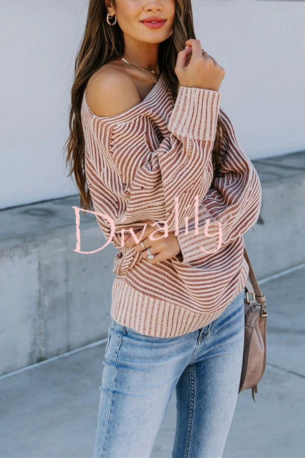 Knitted Striped Round Neck Dolman Sleeve Casual Loose Sweater