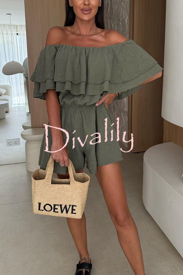Solid Color Off-shoulder Ruffled Casual Waist Rompers