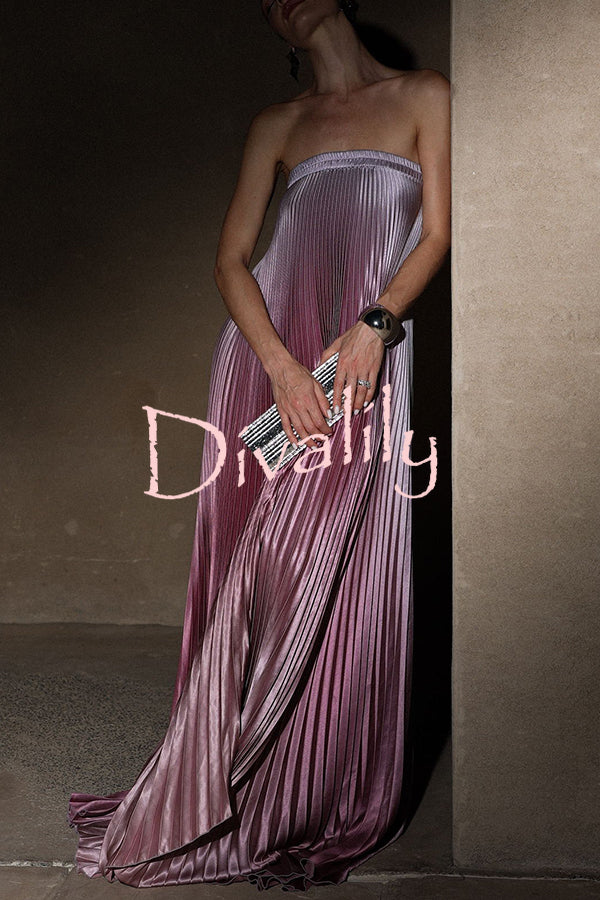 Gorgeous Styling Satin Pleated Elastic Bust Strapless A-line Gown Maxi Dress