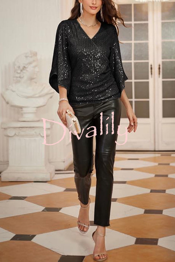 Solid Color Sequined V-neck Hollow Sleeve Slim Fit Top