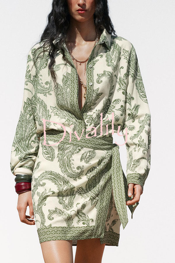 Blend Into Leaves Linen Blend Unique Print Long Sleeve Blouse and Wrap Tie-up Mini Skirt Set