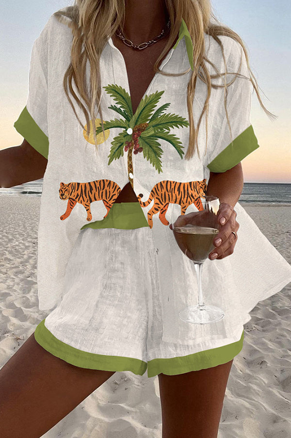 Tiger and Coconut Tree Print Loose Button Elastic Waist Shorts Set