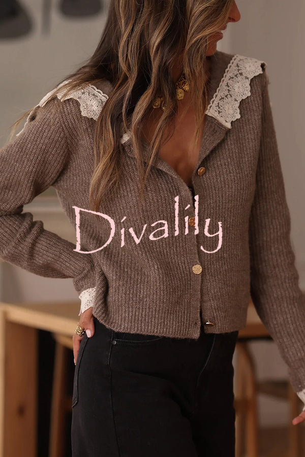 Fashionable Lace-trimmed Sailor Collar Casual Knit Cardigan