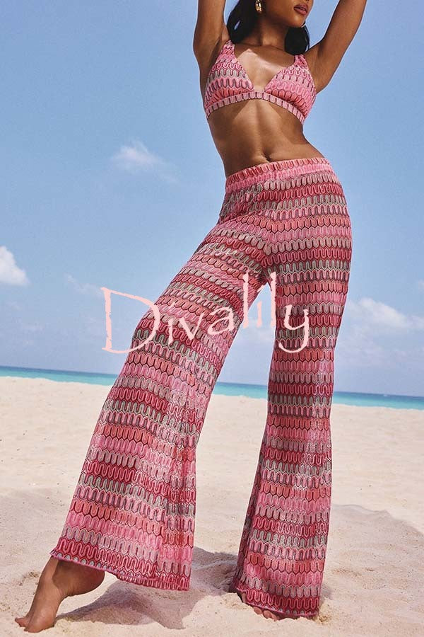 Beach Style Knit Unique Print Long Sleeve Kimono Shirt and Stretch Wide Leg Pants Set