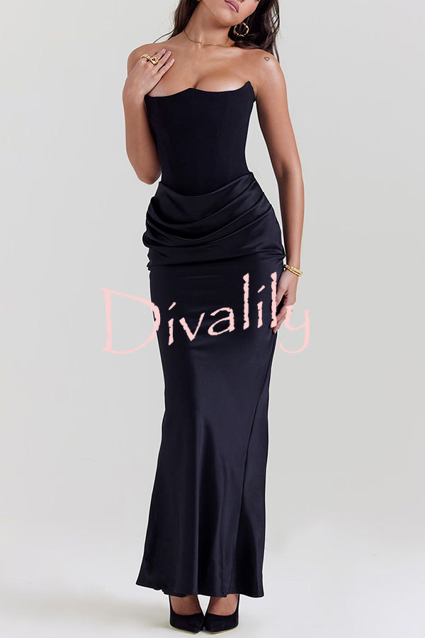 Attend The Gala Strapless Corset Satin Ruched Hip Drape Maxi Dress