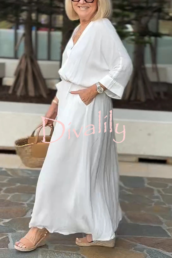 Solid Color V-Neck Casual Loose Pocket Slit Maxi Dress