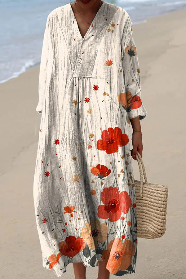 Plant Flower Print V-Neck Long Sleeve Loose Midi Dress
