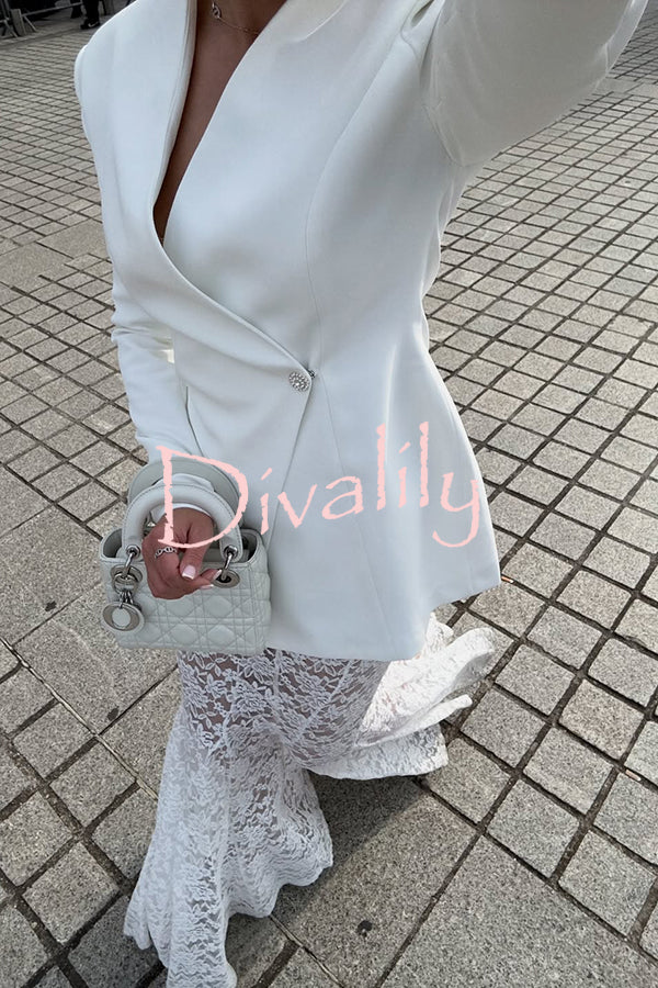 Poetic Muse Stand V-neck Rhinestone Button Up Long Sleeve Blazer