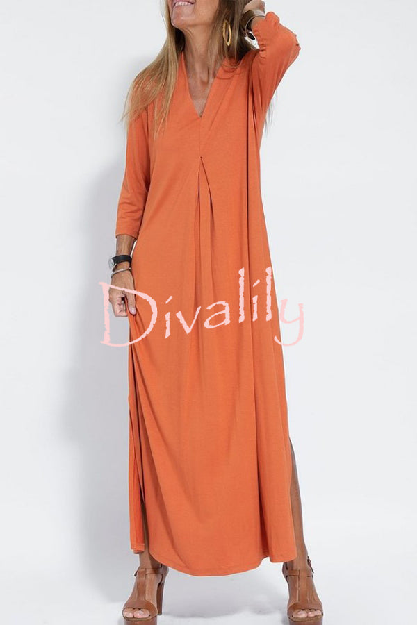 Solid Color V-neck Casual Slit Maxi Dress