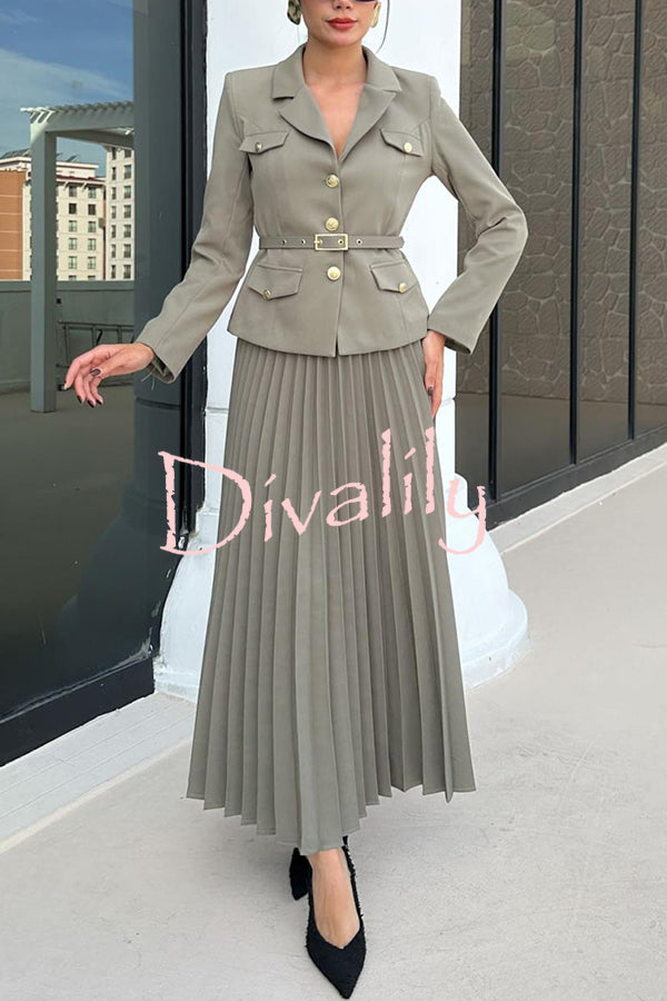 Solid Color Lapel Button Belt Blazer and Pleated Casual Maxi Skirt Set