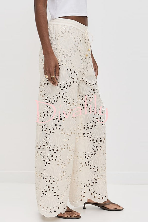 Lillah Embroidered Lace Shell Pattern Elastic Waist Pocket Wide Leg Pants