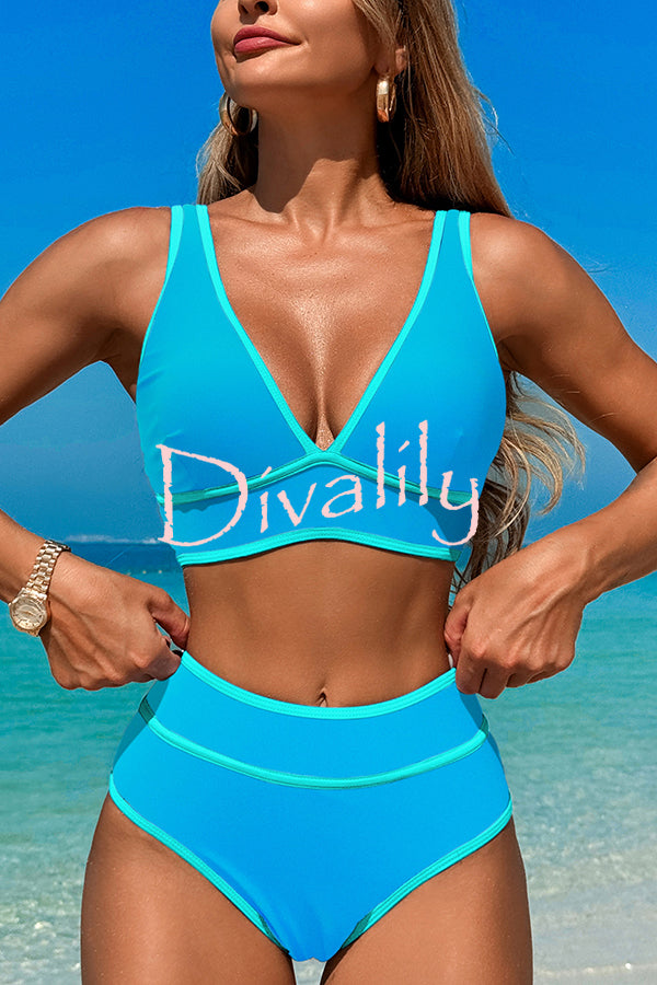 Solid Color Contrast High Waist Stretch Bikini Swimsuit