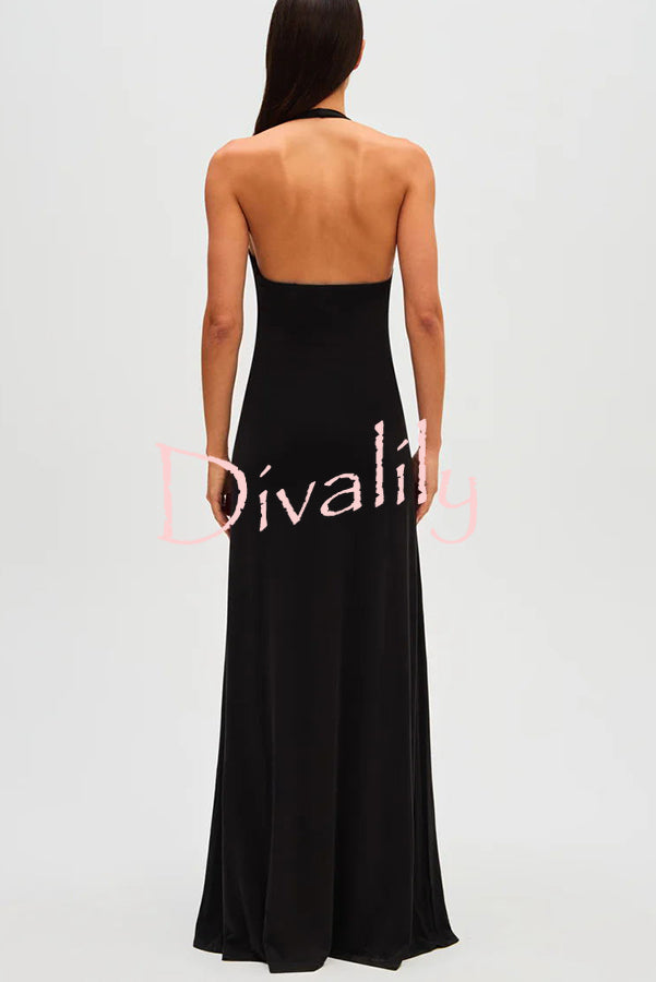 Sexy Silhouette Deep U-neck Halter Waterfall Sash Drape Maxi Dress