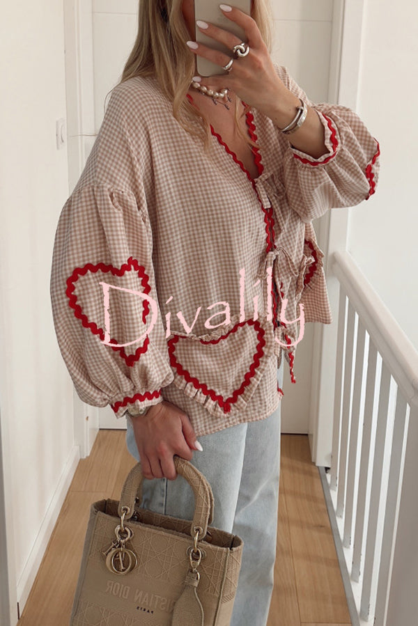 Lovely Plaid Heart Pattern Casual Lace-up Pocket Loose Shirt