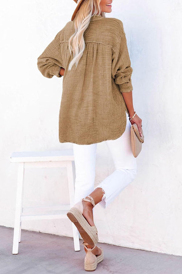 Solid Color Long Sleeve Pleated Button Loose Top